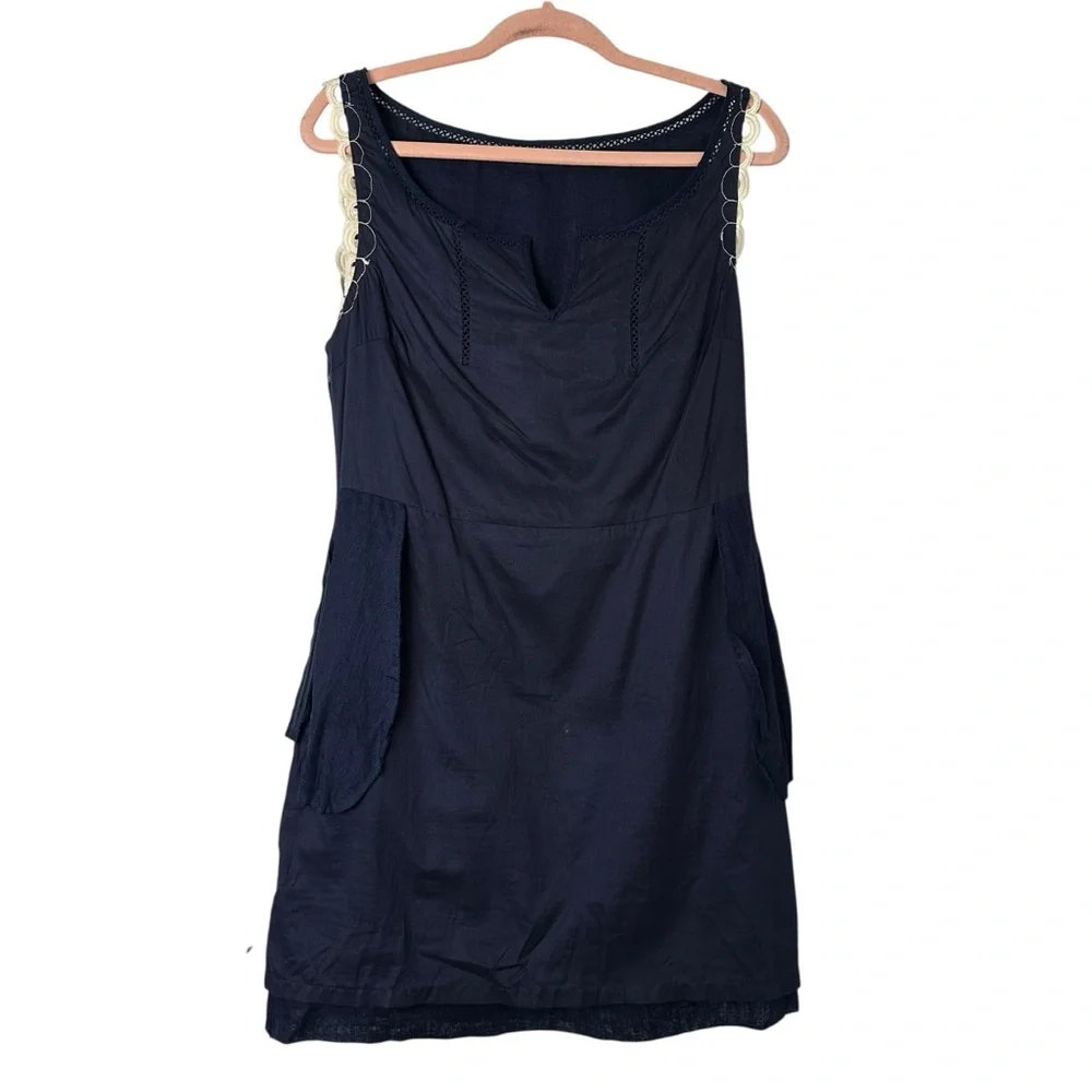 TORY‎ BURCH Linen Dress Navy Blue White Appliqué Eyelet Resort Coastal Chic Sz 6